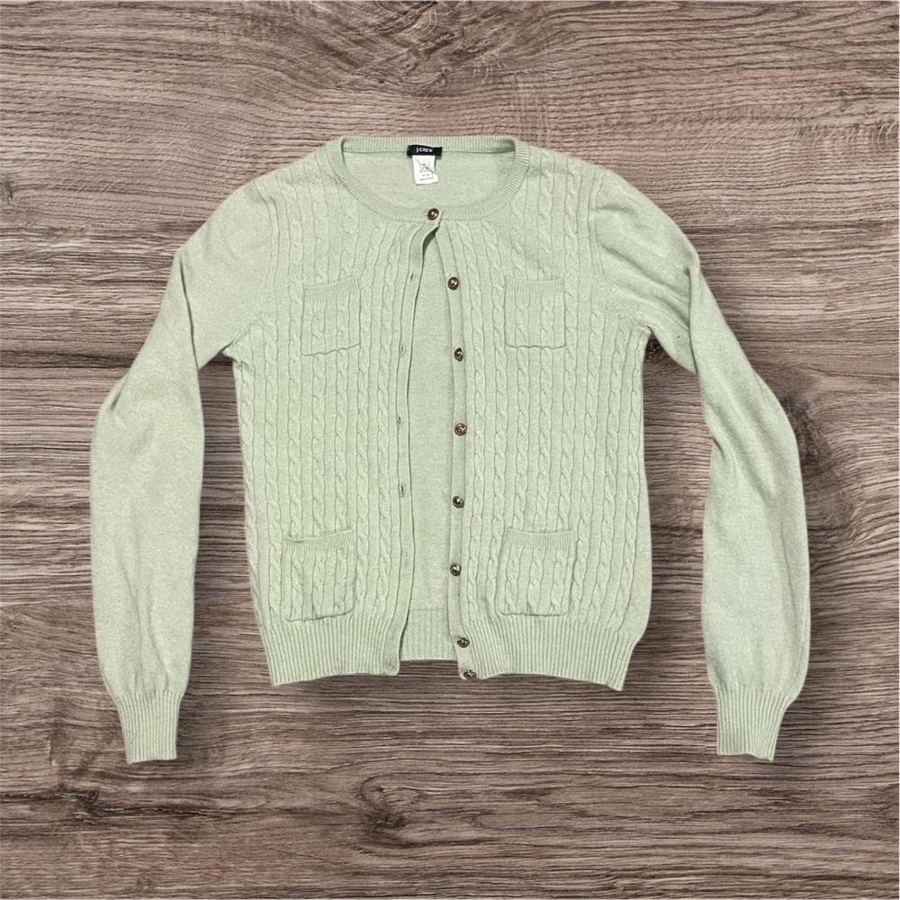 J.Crew Cable Knit Cashmere Blend Cardigan Sweater Mint Green Size M
